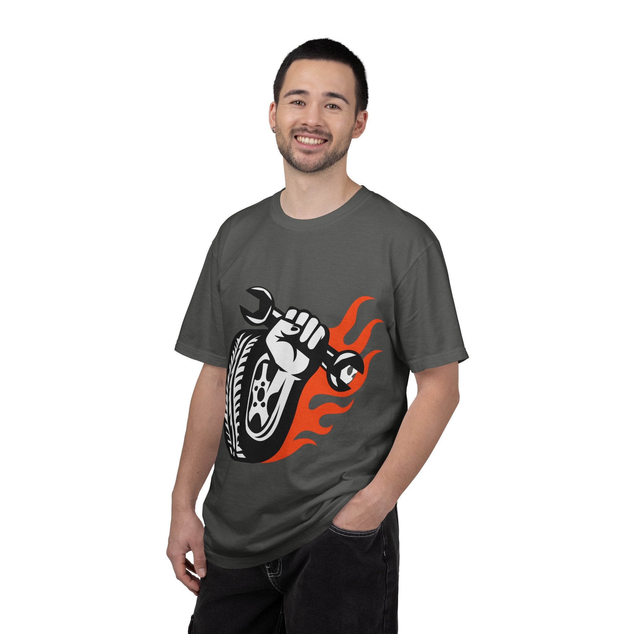 Mechanic Flame Tire T‑Shirt — Wrench & Wheel Auto Repair Tee