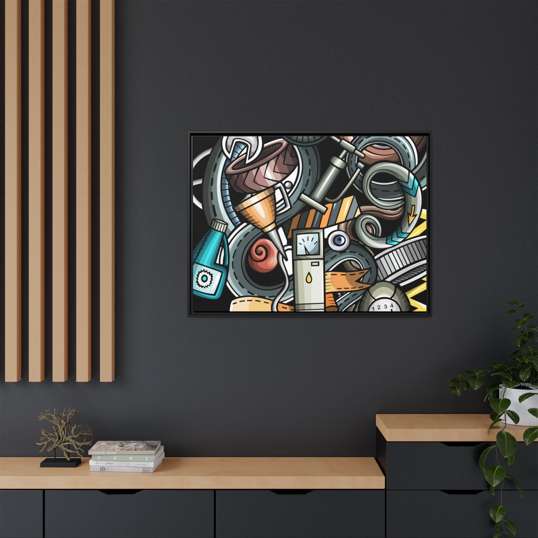 Framed Automotive Doodle Matte Canvas Print — Garage Wall Art