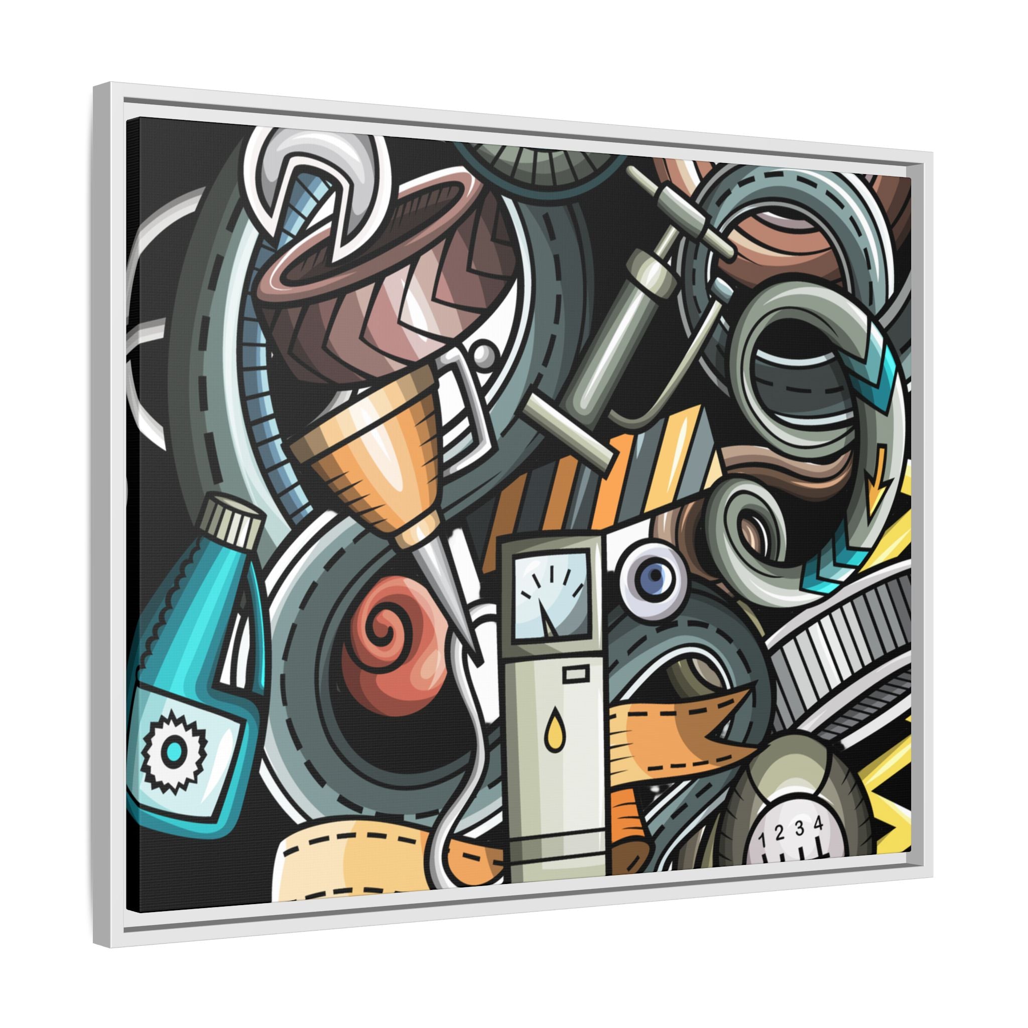 Framed Automotive Doodle Matte Canvas Print — Garage Wall Art