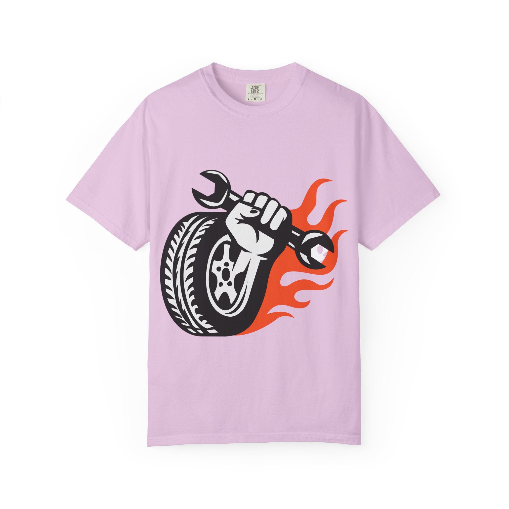 Mechanic Flame Tire T‑Shirt — Wrench & Wheel Auto Repair Tee