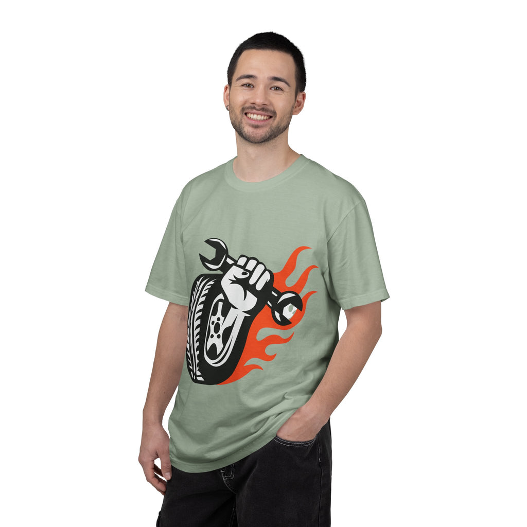 Mechanic Flame Tire T‑Shirt — Wrench & Wheel Auto Repair Tee