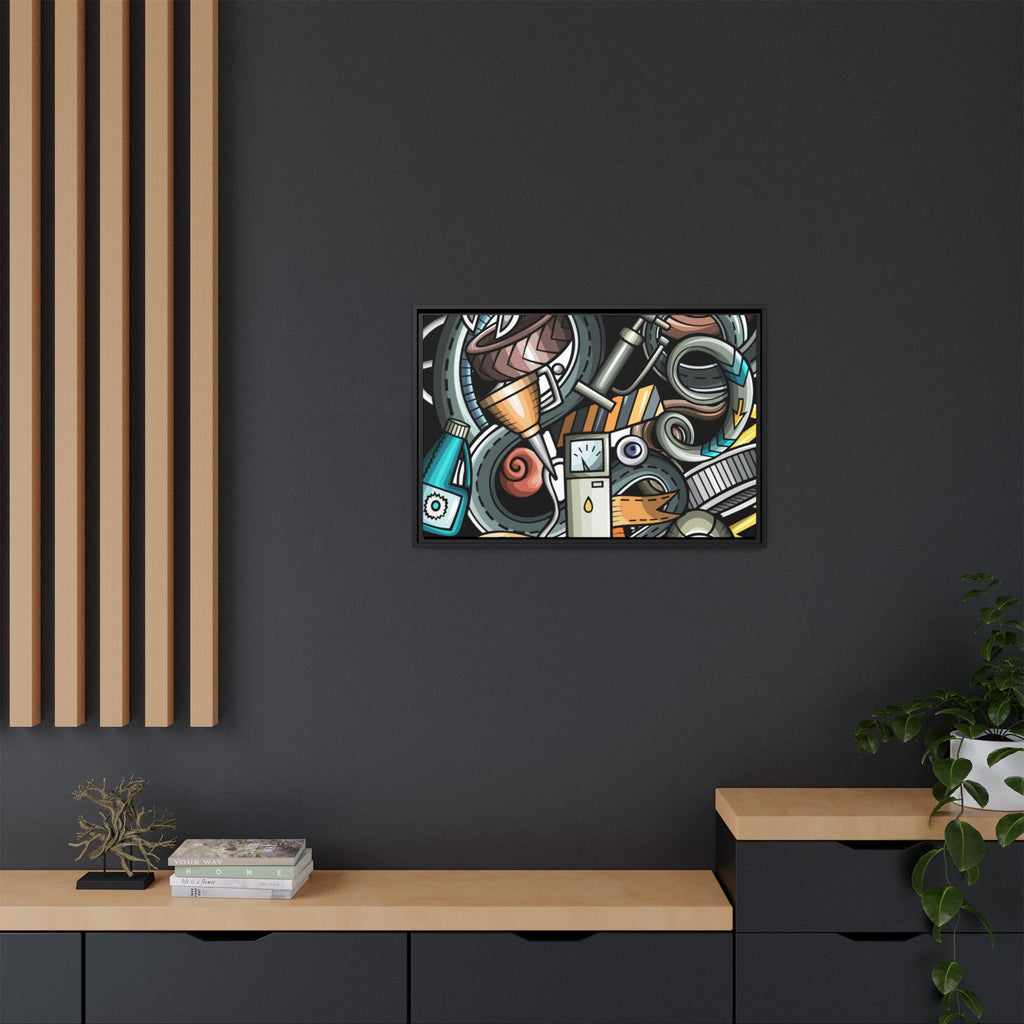 Framed Automotive Doodle Matte Canvas Print — Garage Wall Art