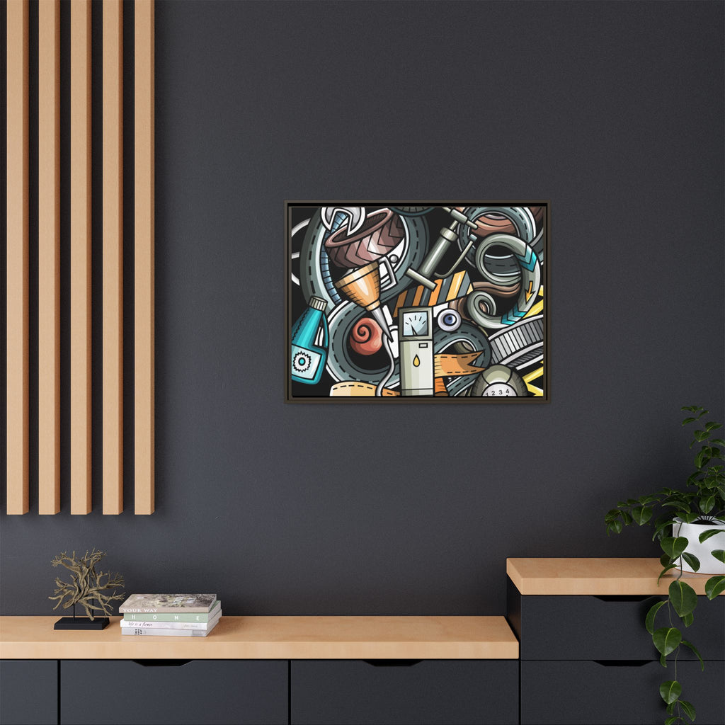 Framed Automotive Doodle Matte Canvas Print — Garage Wall Art