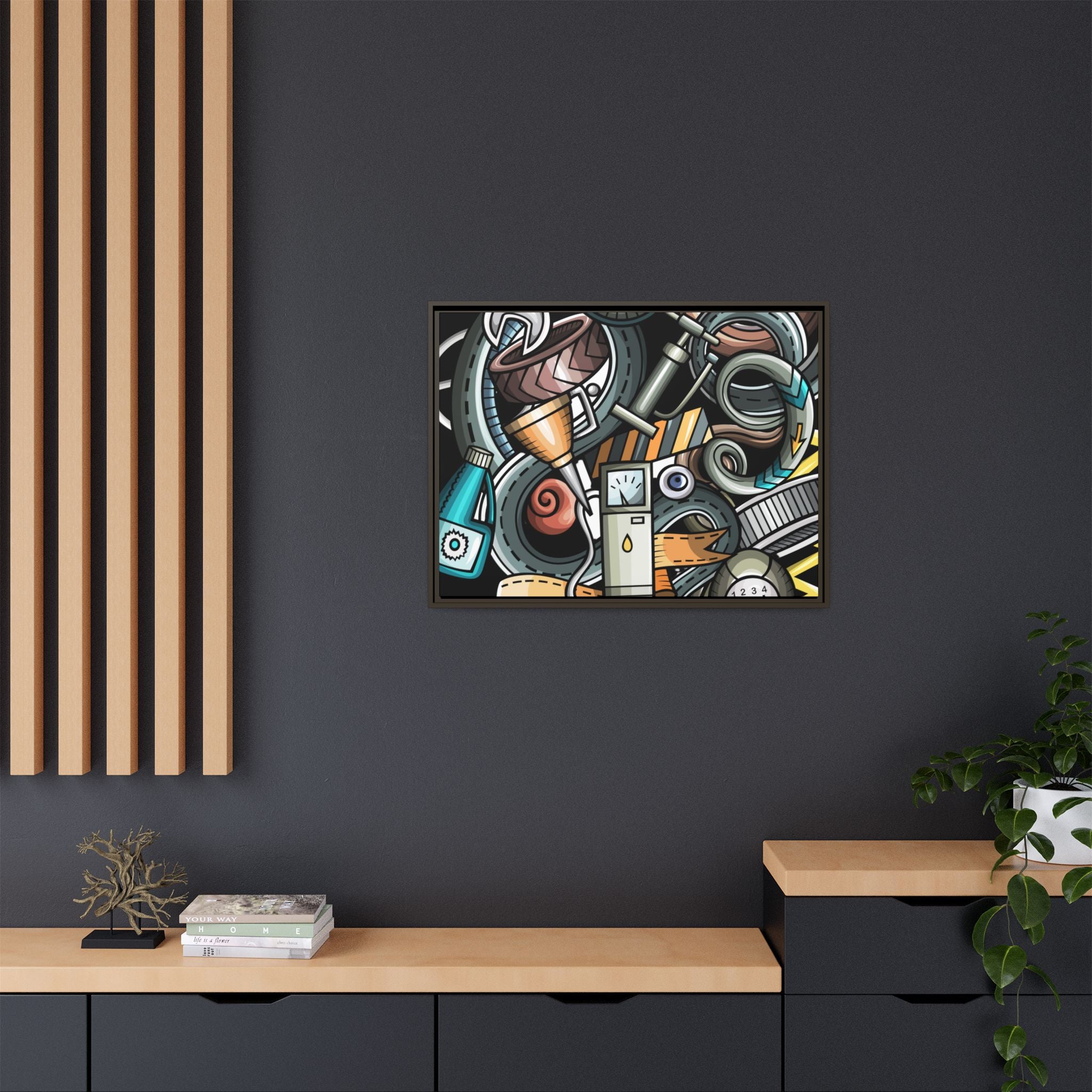 Framed Automotive Doodle Matte Canvas Print — Garage Wall Art