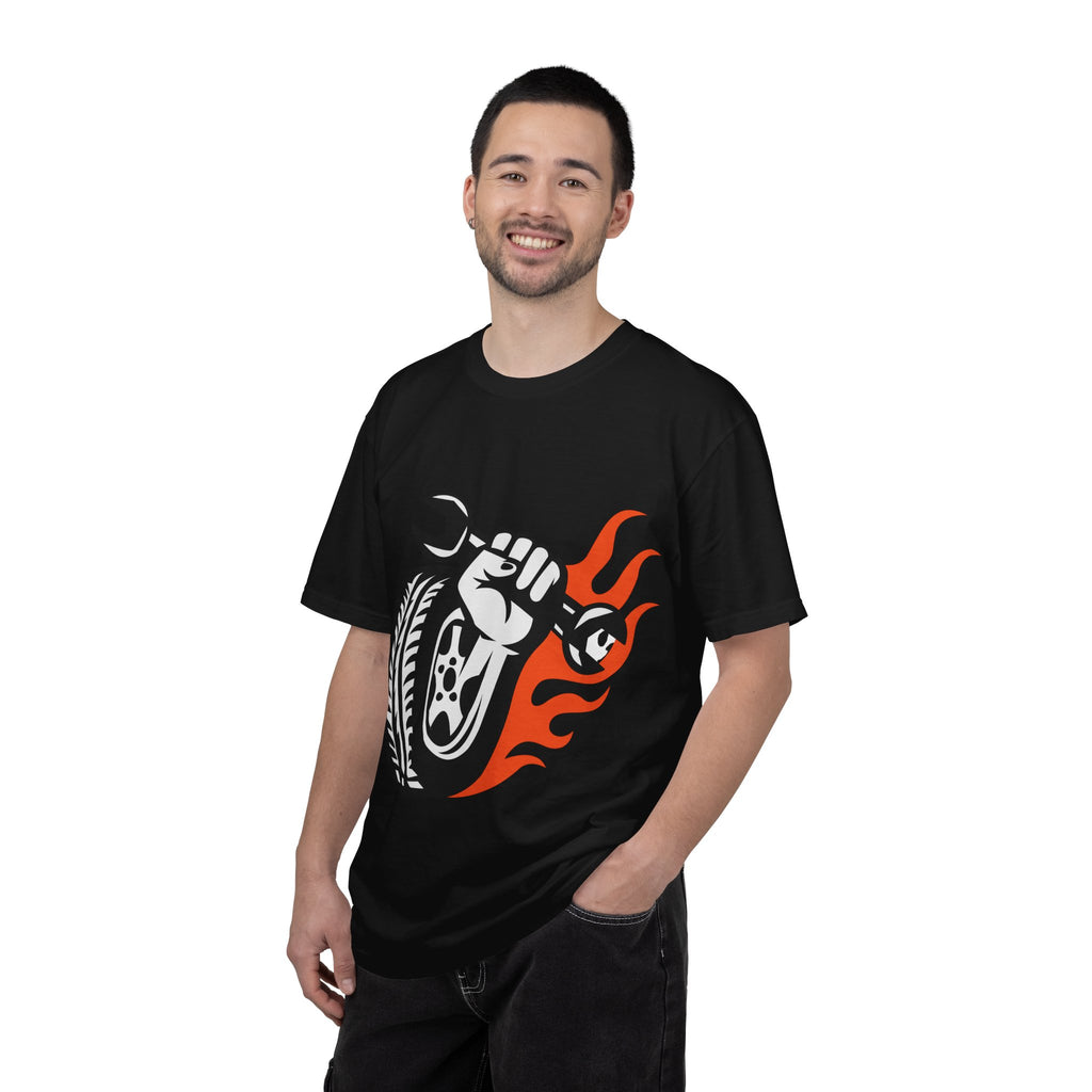 Mechanic Flame Tire T‑Shirt — Wrench & Wheel Auto Repair Tee