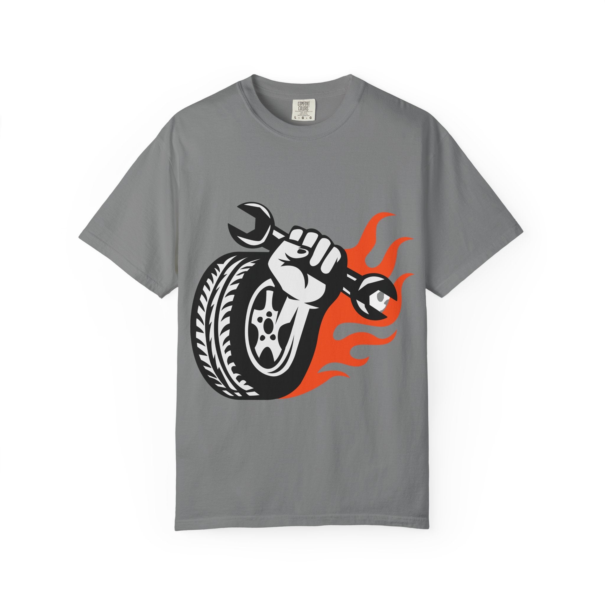 Mechanic Flame Tire T‑Shirt — Wrench & Wheel Auto Repair Tee