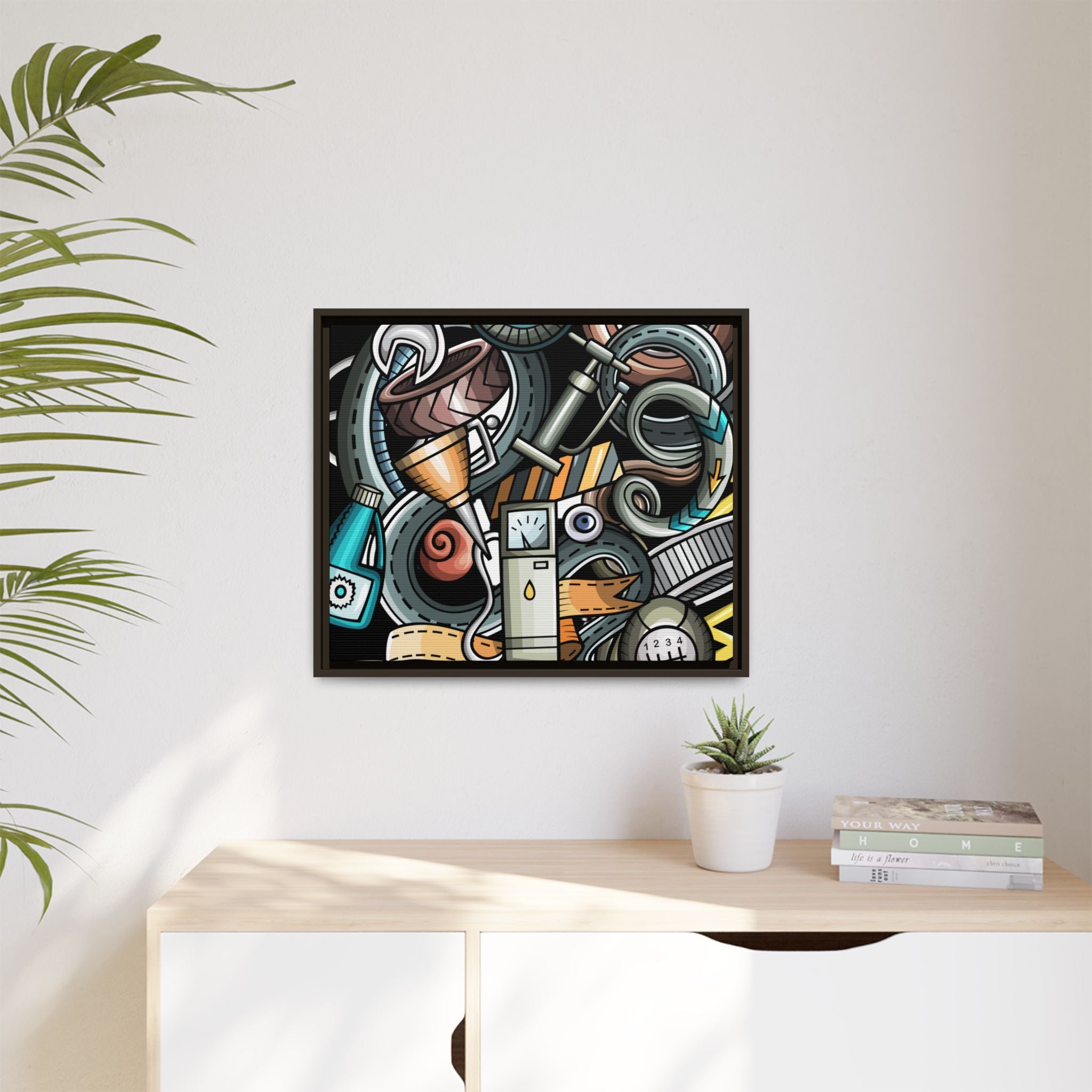 Framed Automotive Doodle Matte Canvas Print — Garage Wall Art