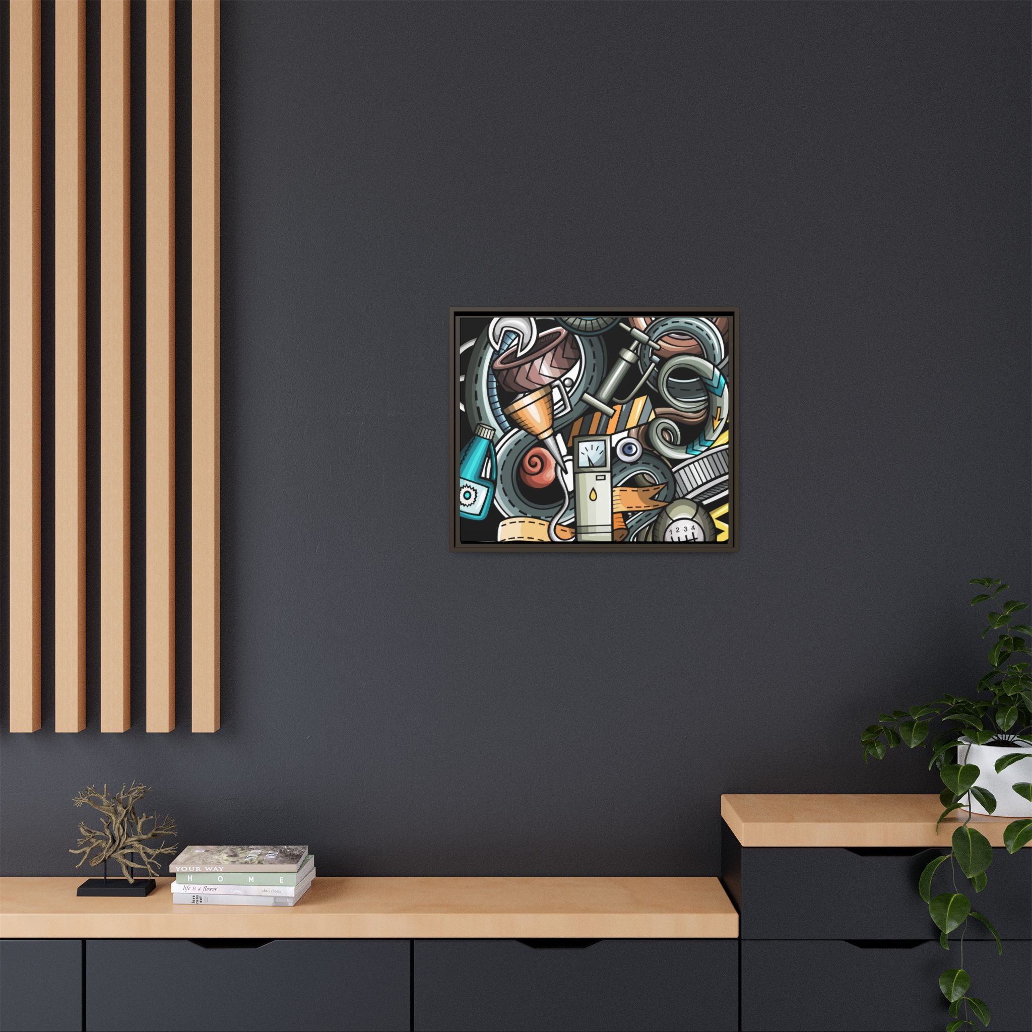 Framed Automotive Doodle Matte Canvas Print — Garage Wall Art