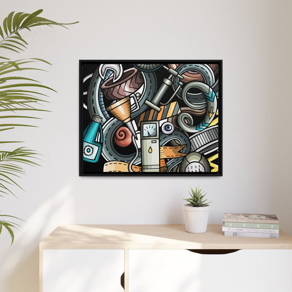 Framed Automotive Doodle Matte Canvas Print — Garage Wall Art