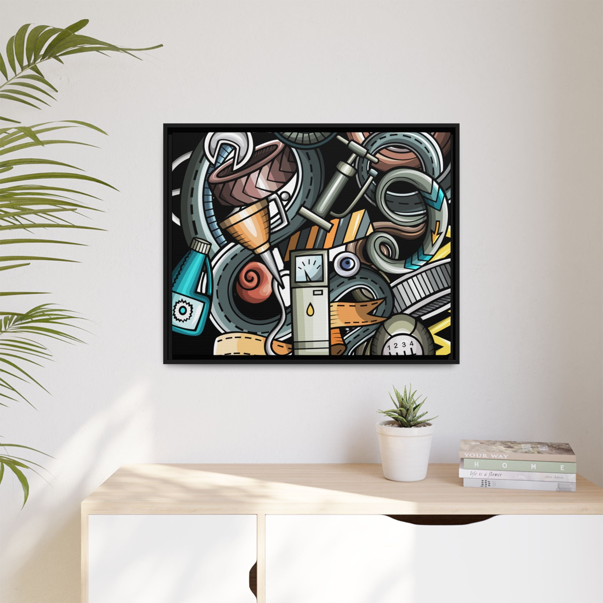 Framed Automotive Doodle Matte Canvas Print — Garage Wall Art