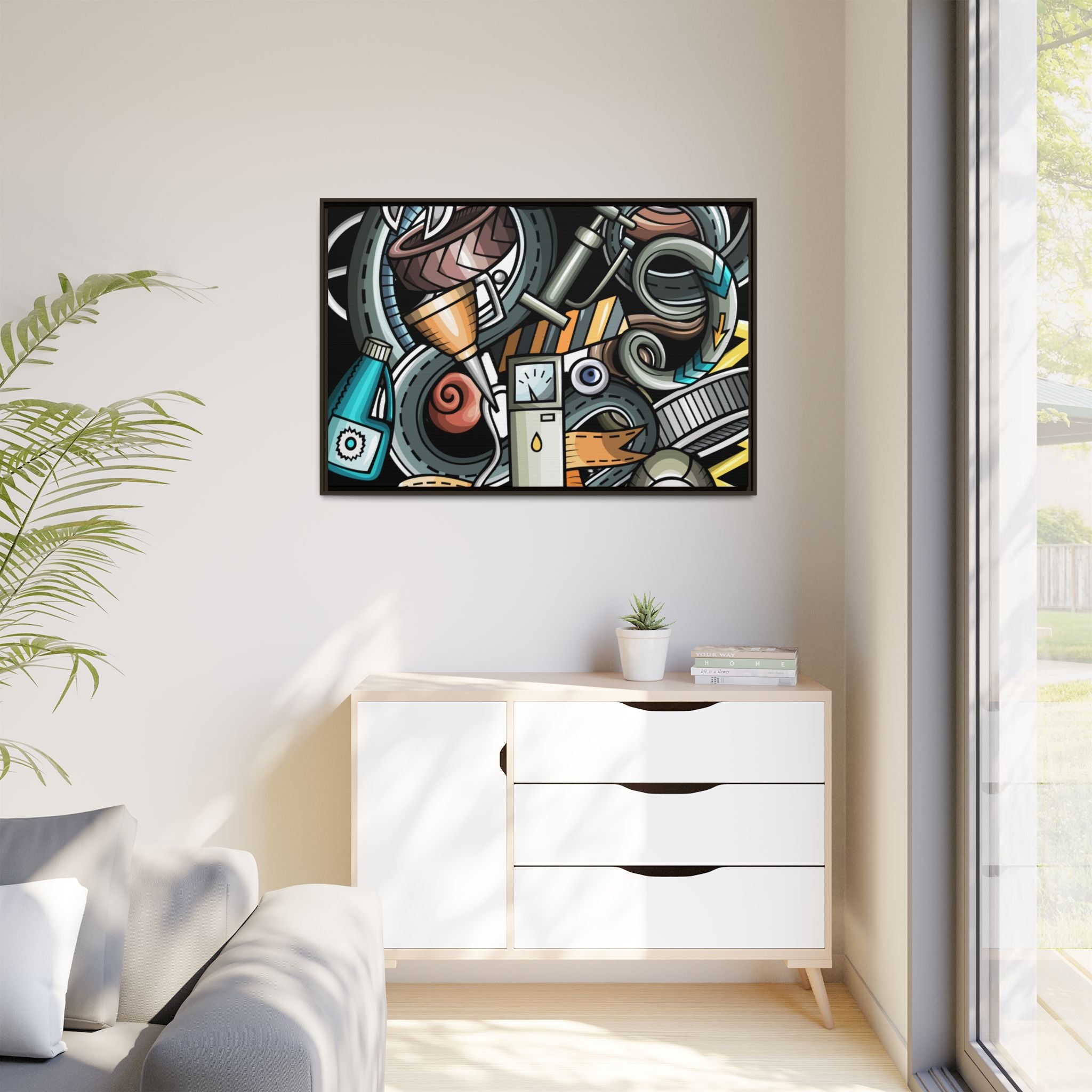Framed Automotive Doodle Matte Canvas Print — Garage Wall Art