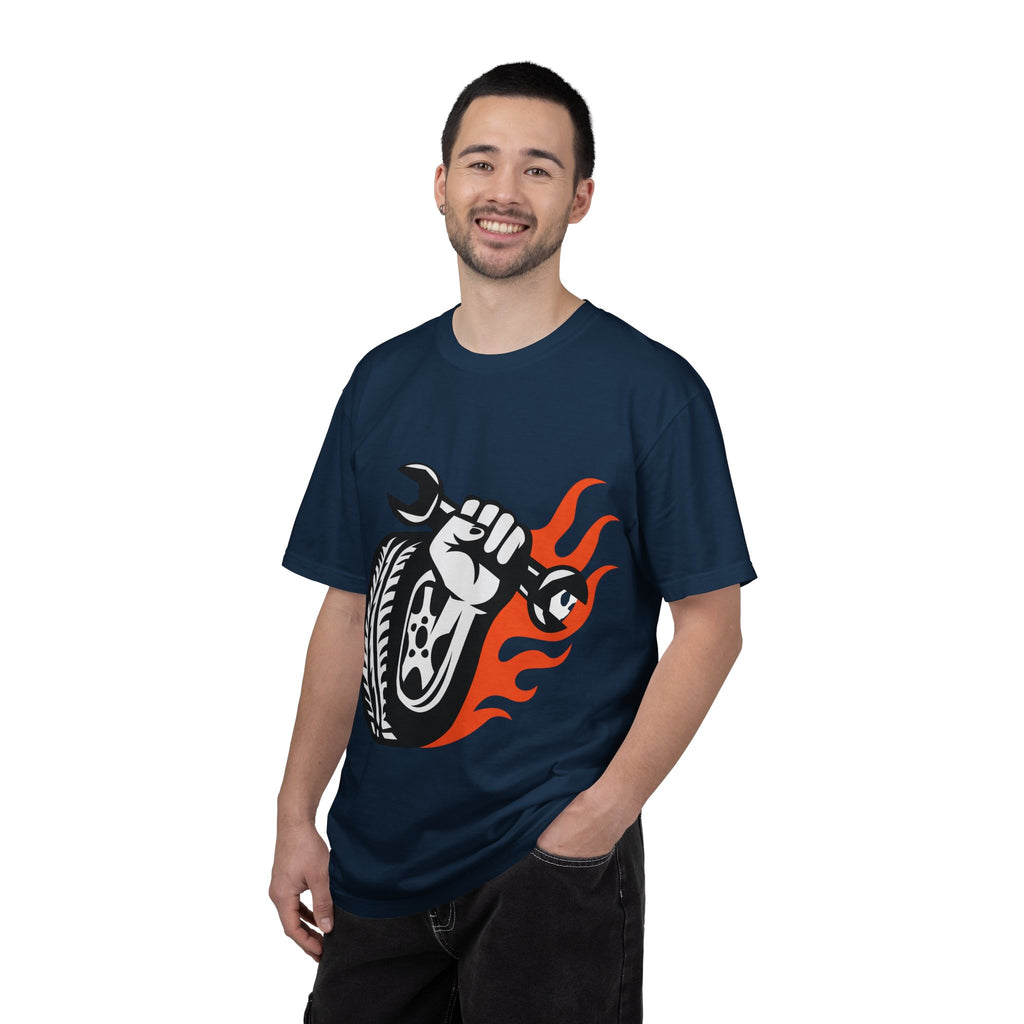 Mechanic Flame Tire T‑Shirt — Wrench & Wheel Auto Repair Tee