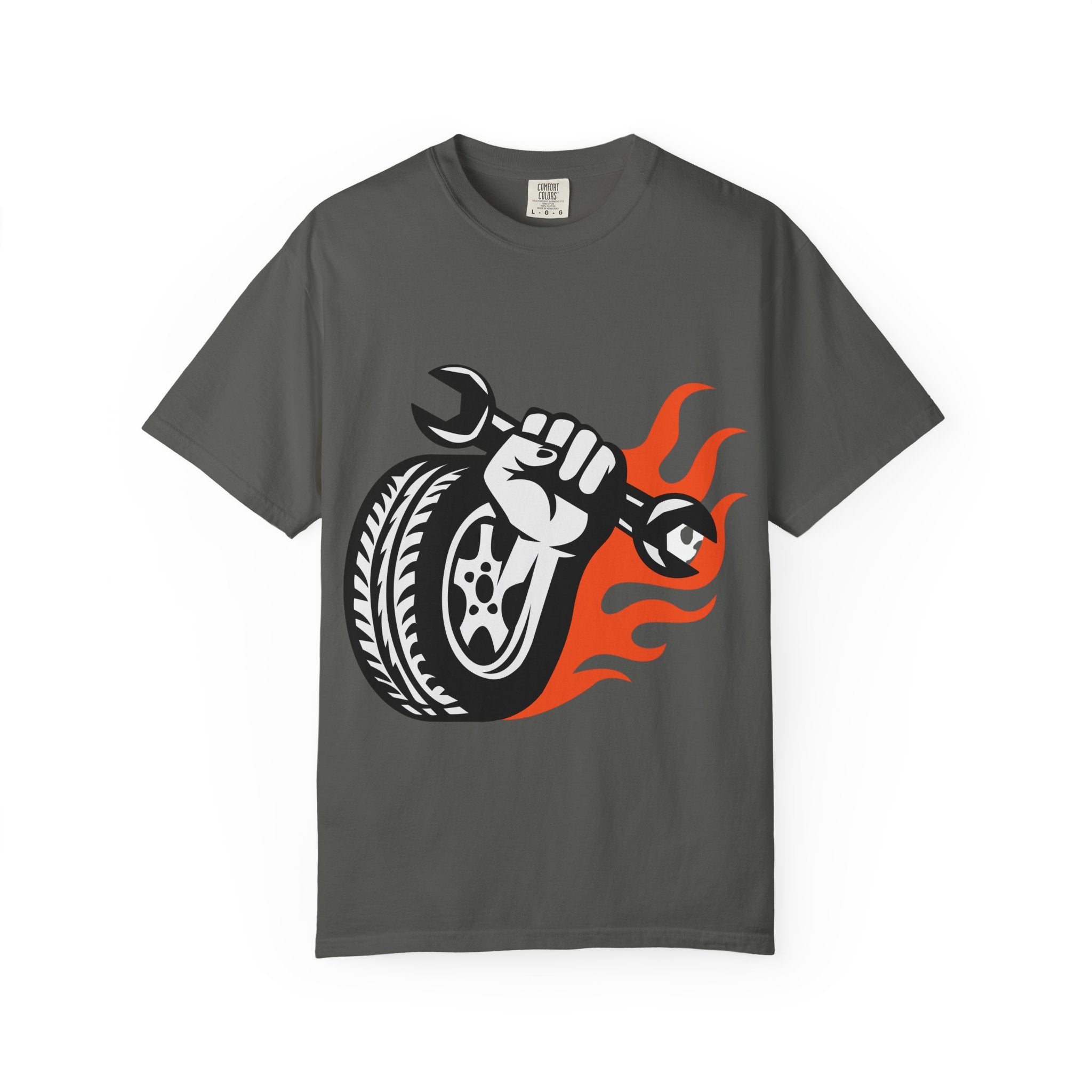 Mechanic Flame Tire T‑Shirt — Wrench & Wheel Auto Repair Tee