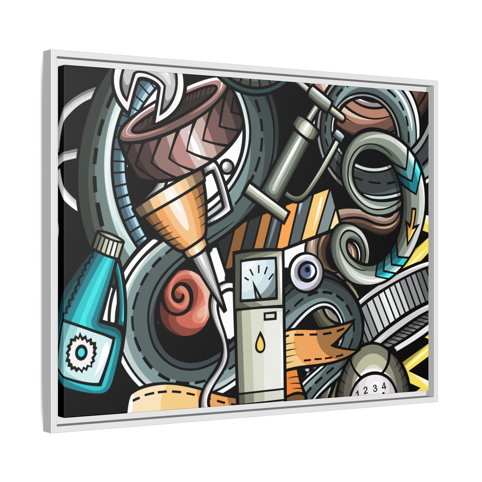 Framed Automotive Doodle Matte Canvas Print — Garage Wall Art