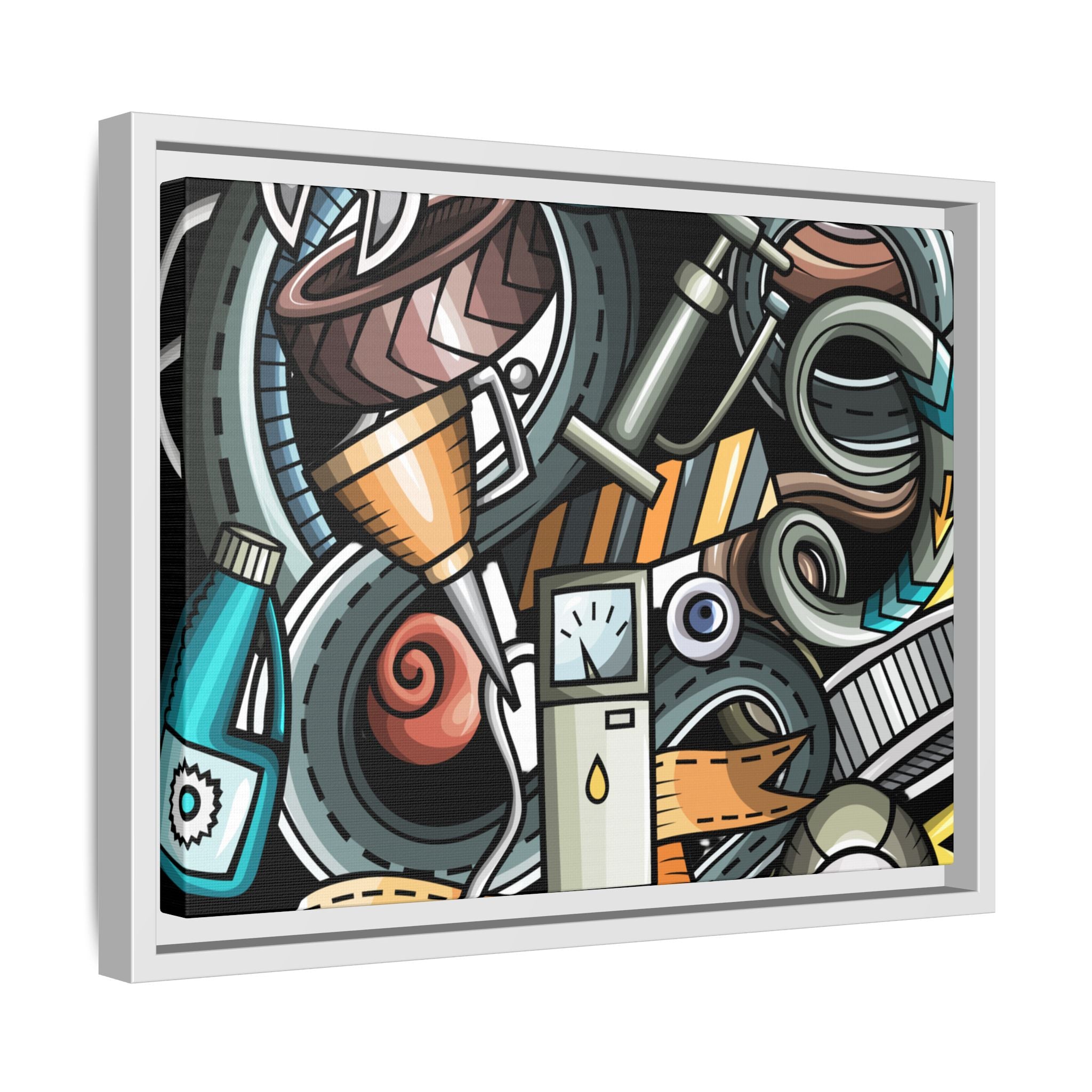 Framed Automotive Doodle Matte Canvas Print — Garage Wall Art
