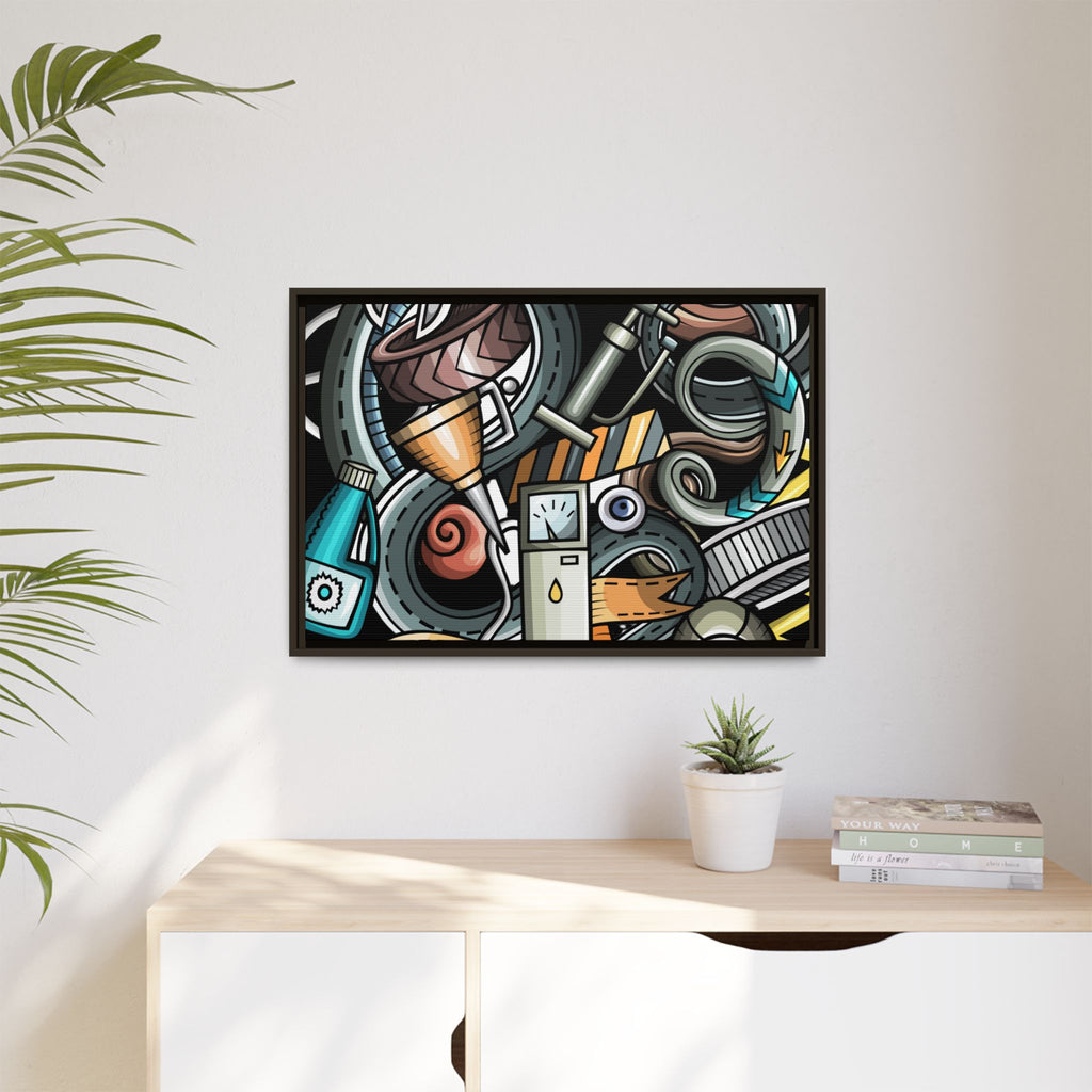 Framed Automotive Doodle Matte Canvas Print — Garage Wall Art