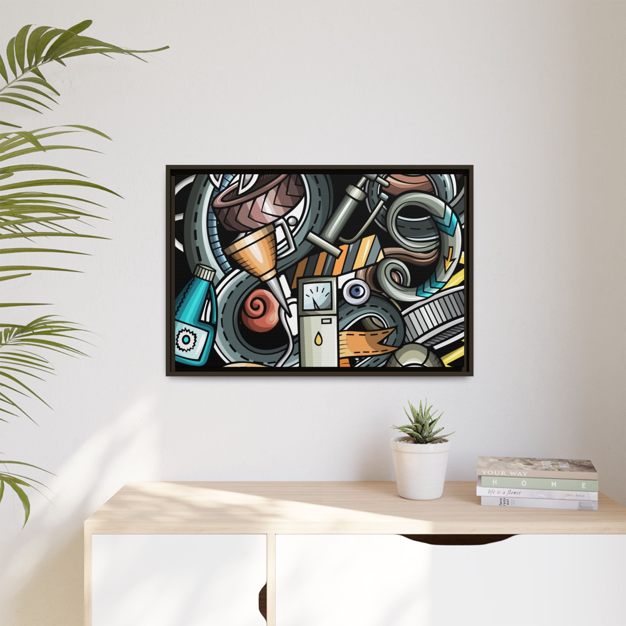 Framed Automotive Doodle Matte Canvas Print — Garage Wall Art