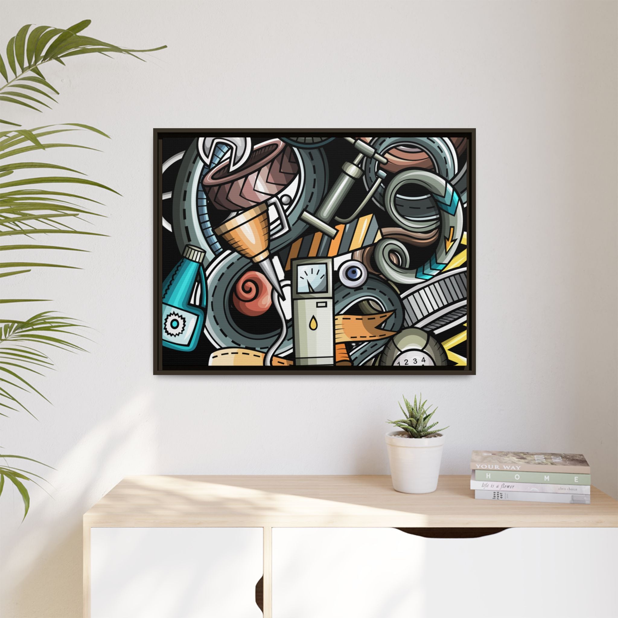Framed Automotive Doodle Matte Canvas Print — Garage Wall Art