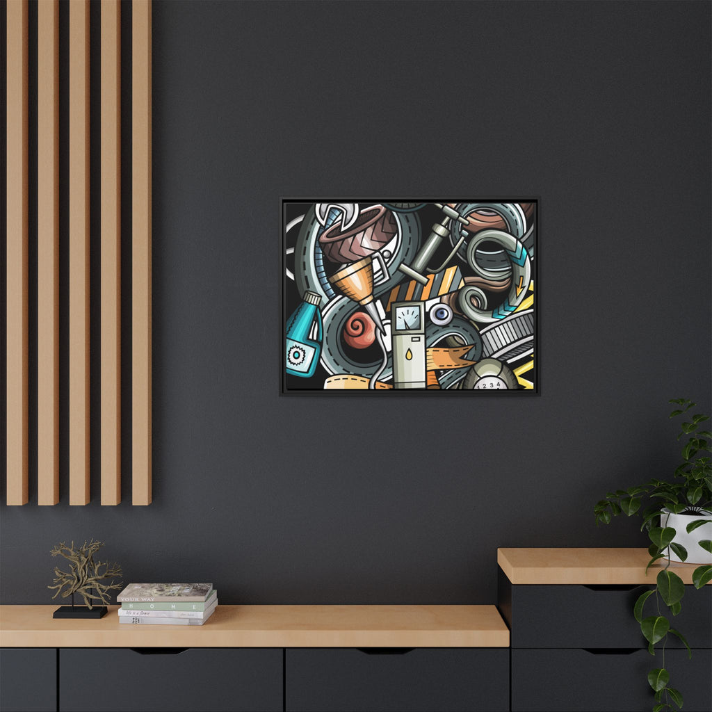 Framed Automotive Doodle Matte Canvas Print — Garage Wall Art