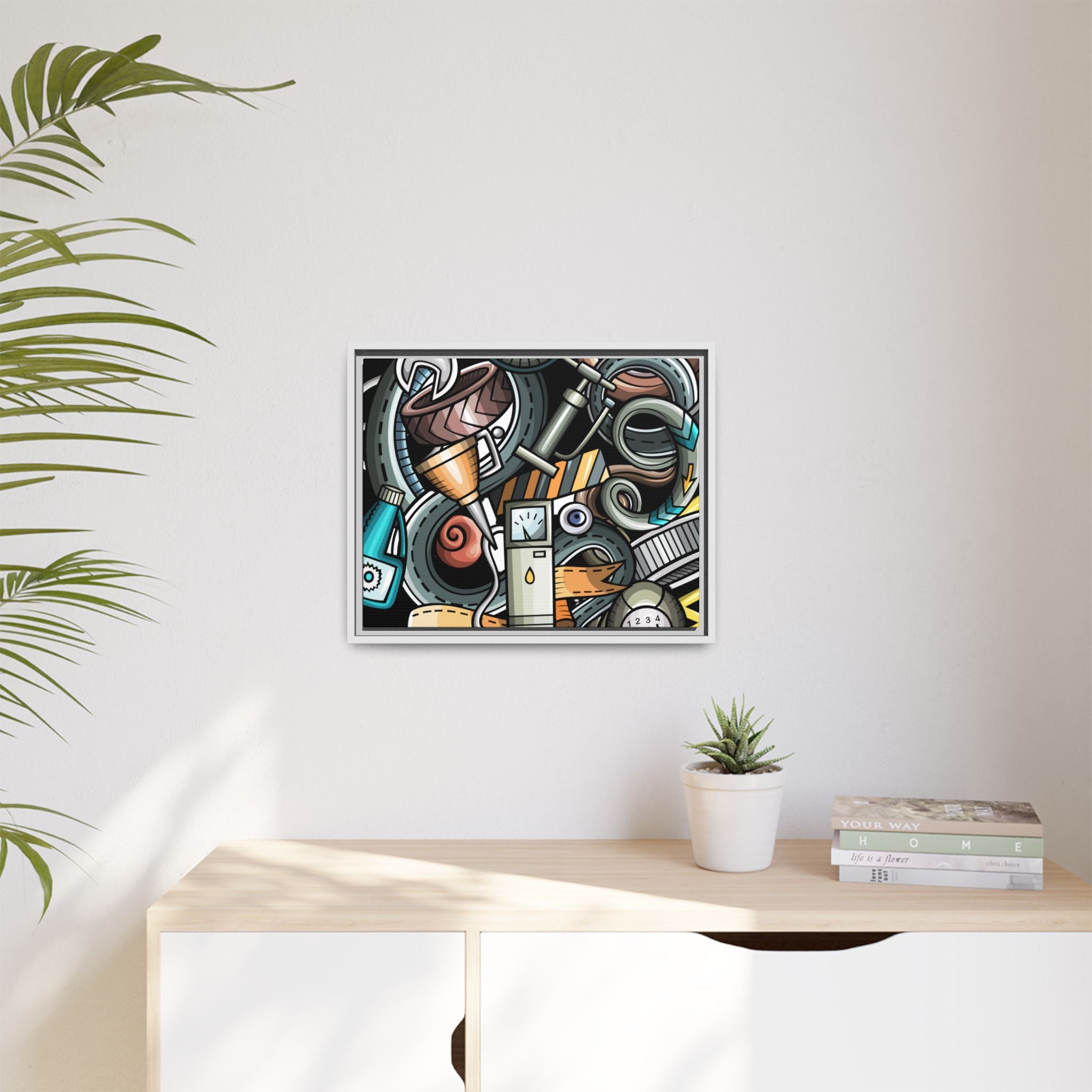 Framed Automotive Doodle Matte Canvas Print — Garage Wall Art