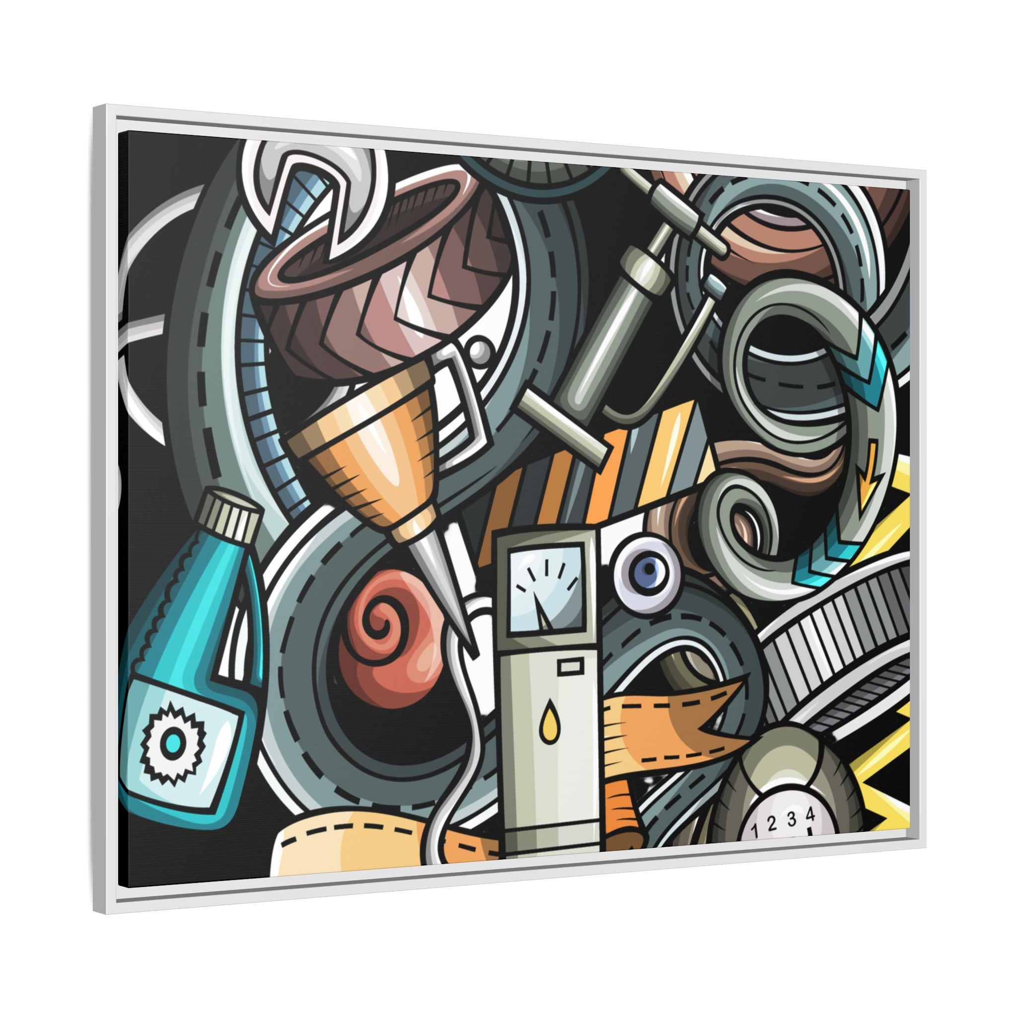 Framed Automotive Doodle Matte Canvas Print — Garage Wall Art