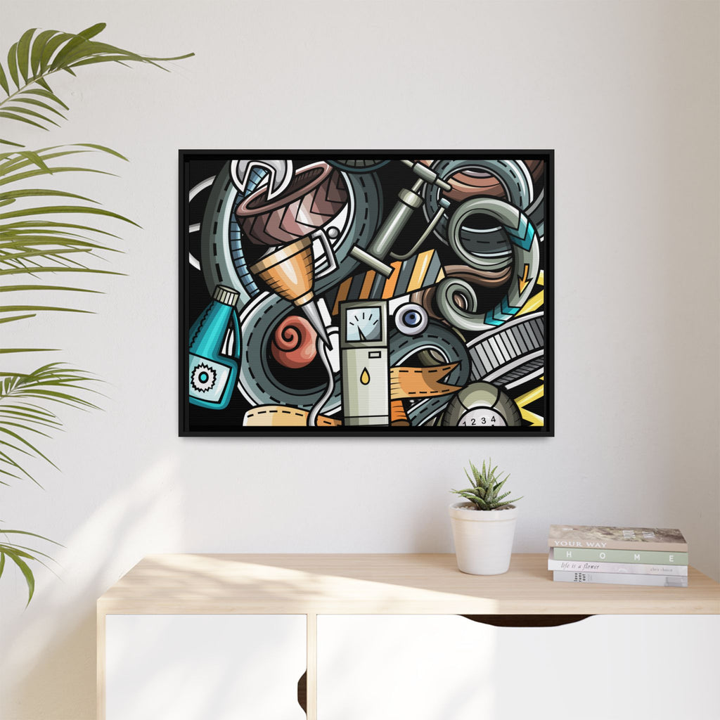 Framed Automotive Doodle Matte Canvas Print — Garage Wall Art