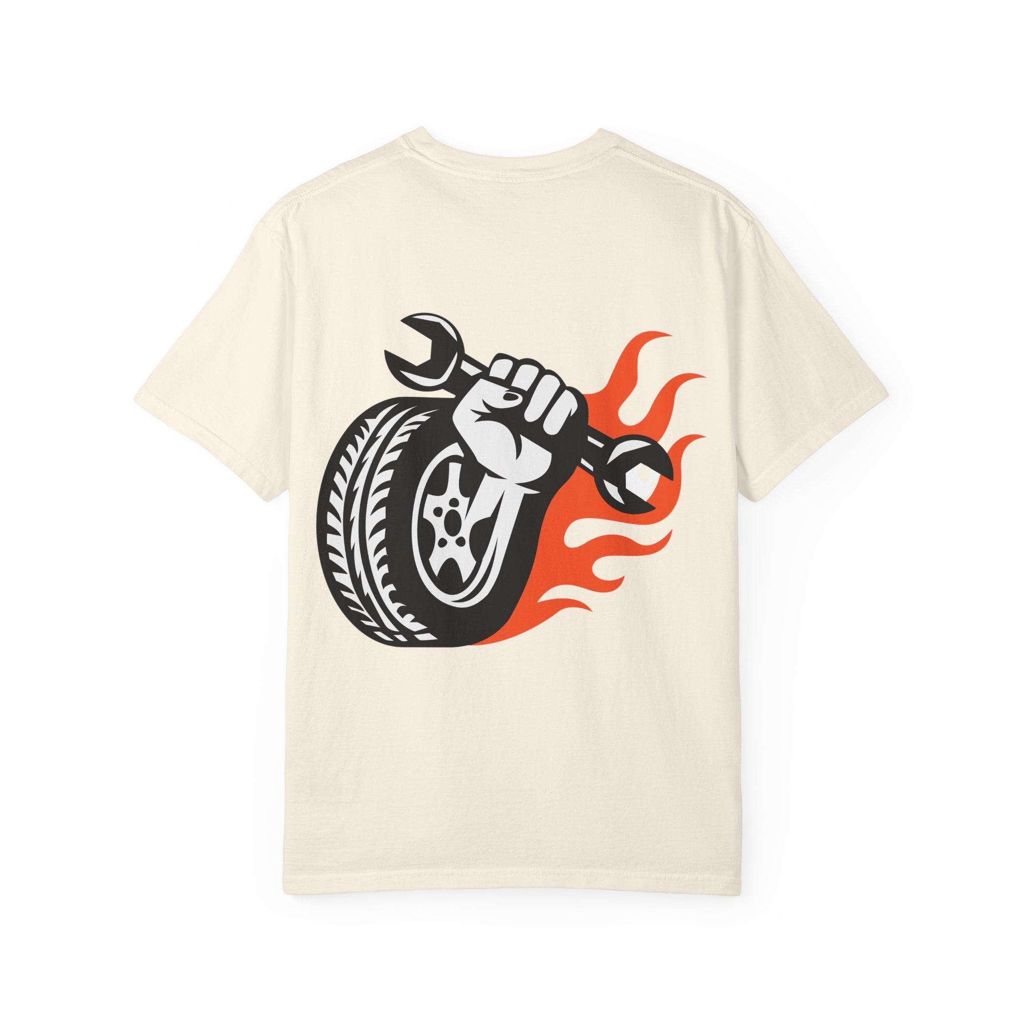 Mechanic Flame Tire T‑Shirt — Wrench & Wheel Auto Repair Tee