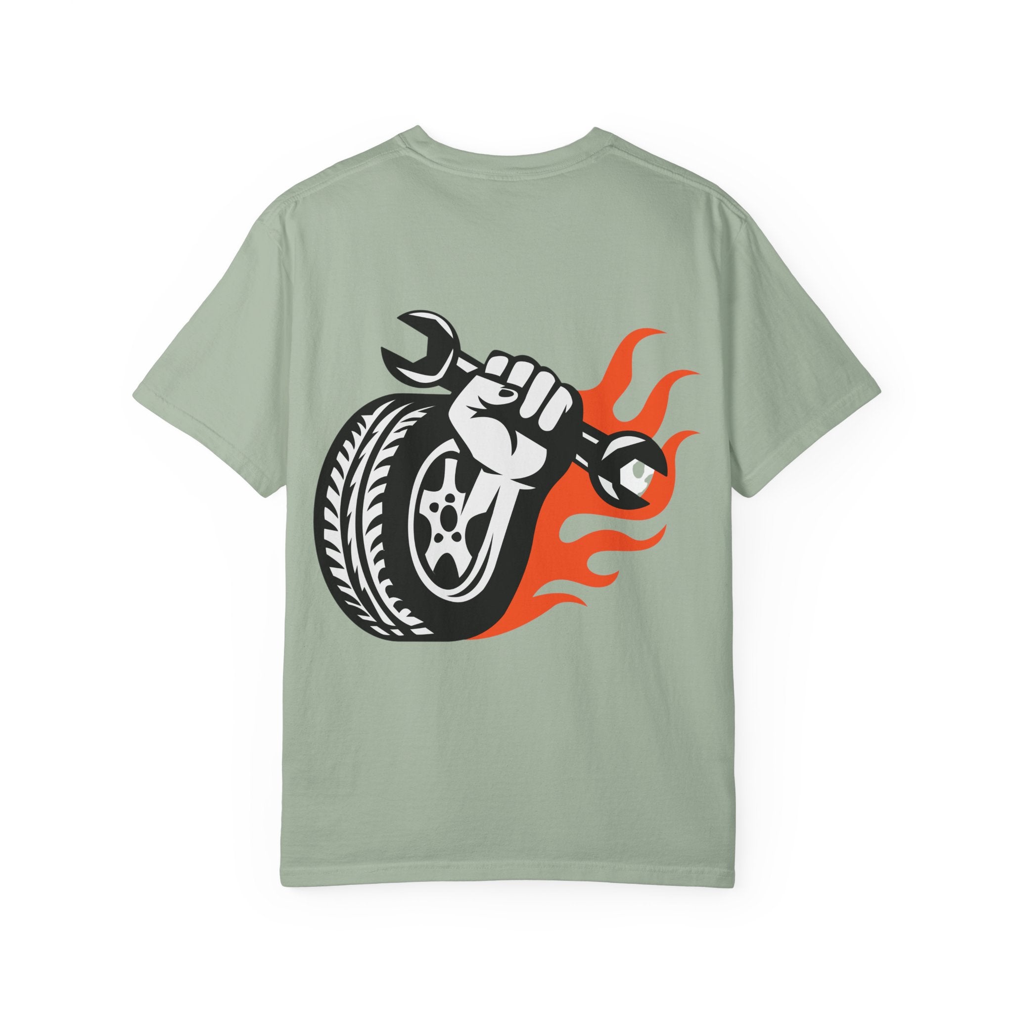 Mechanic Flame Tire T‑Shirt — Wrench & Wheel Auto Repair Tee