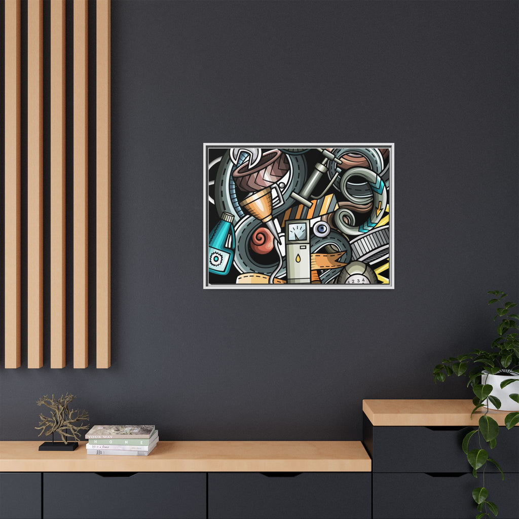 Framed Automotive Doodle Matte Canvas Print — Garage Wall Art