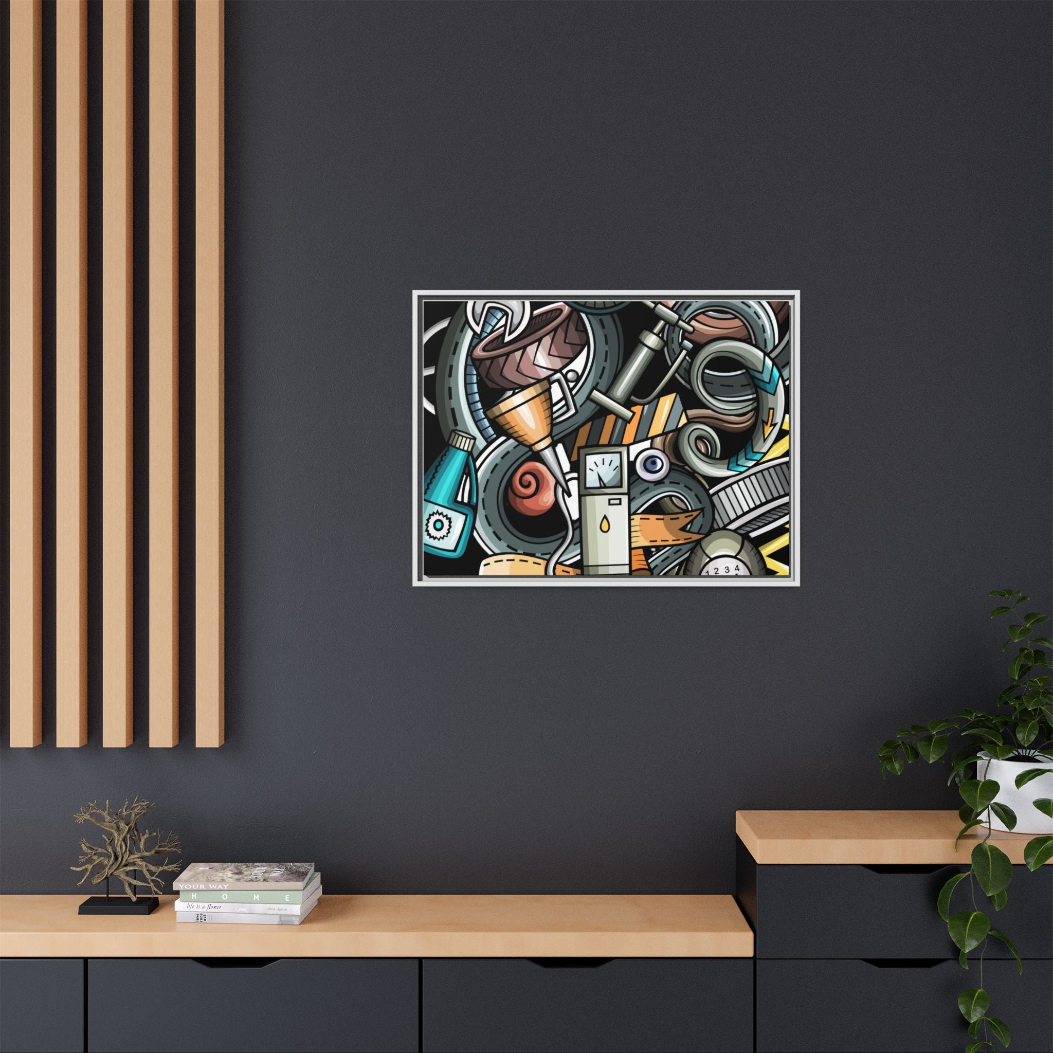 Framed Automotive Doodle Matte Canvas Print — Garage Wall Art