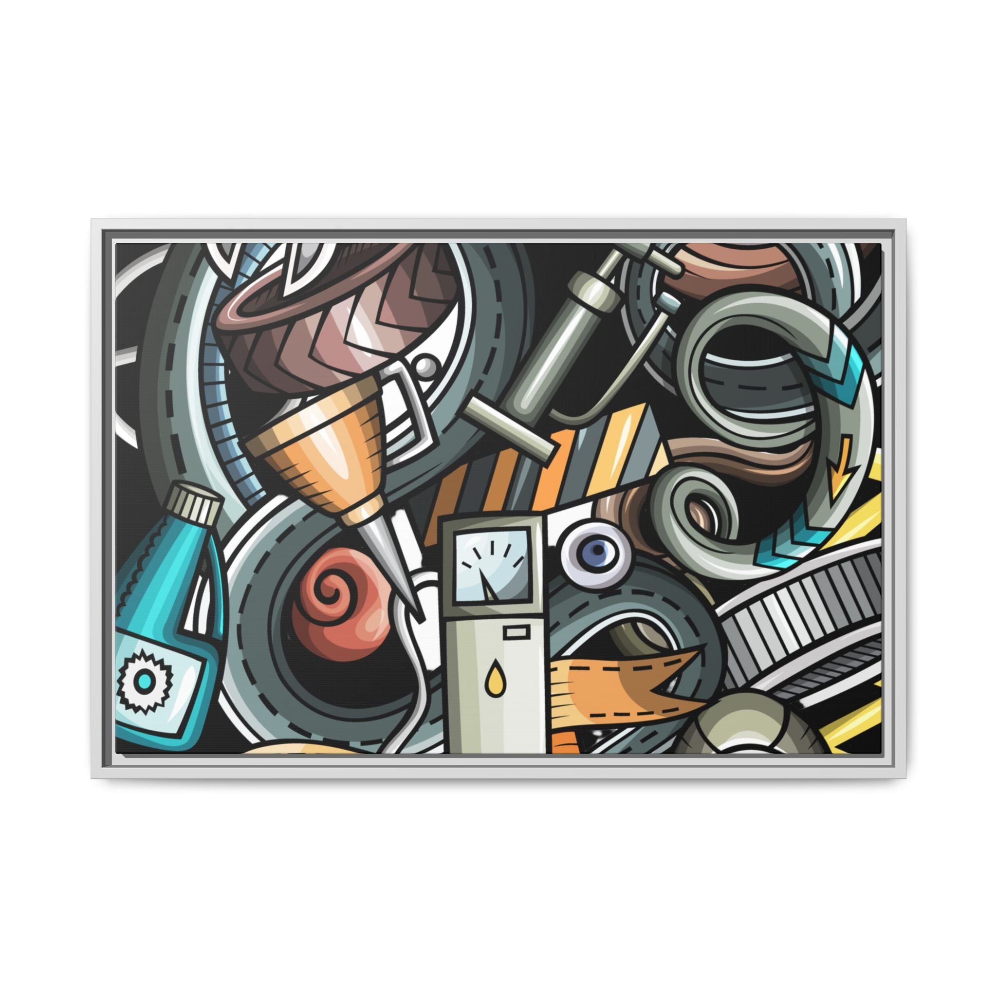 Framed Automotive Doodle Matte Canvas Print — Garage Wall Art