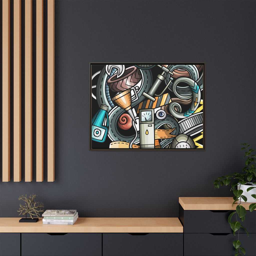 Framed Automotive Doodle Matte Canvas Print — Garage Wall Art