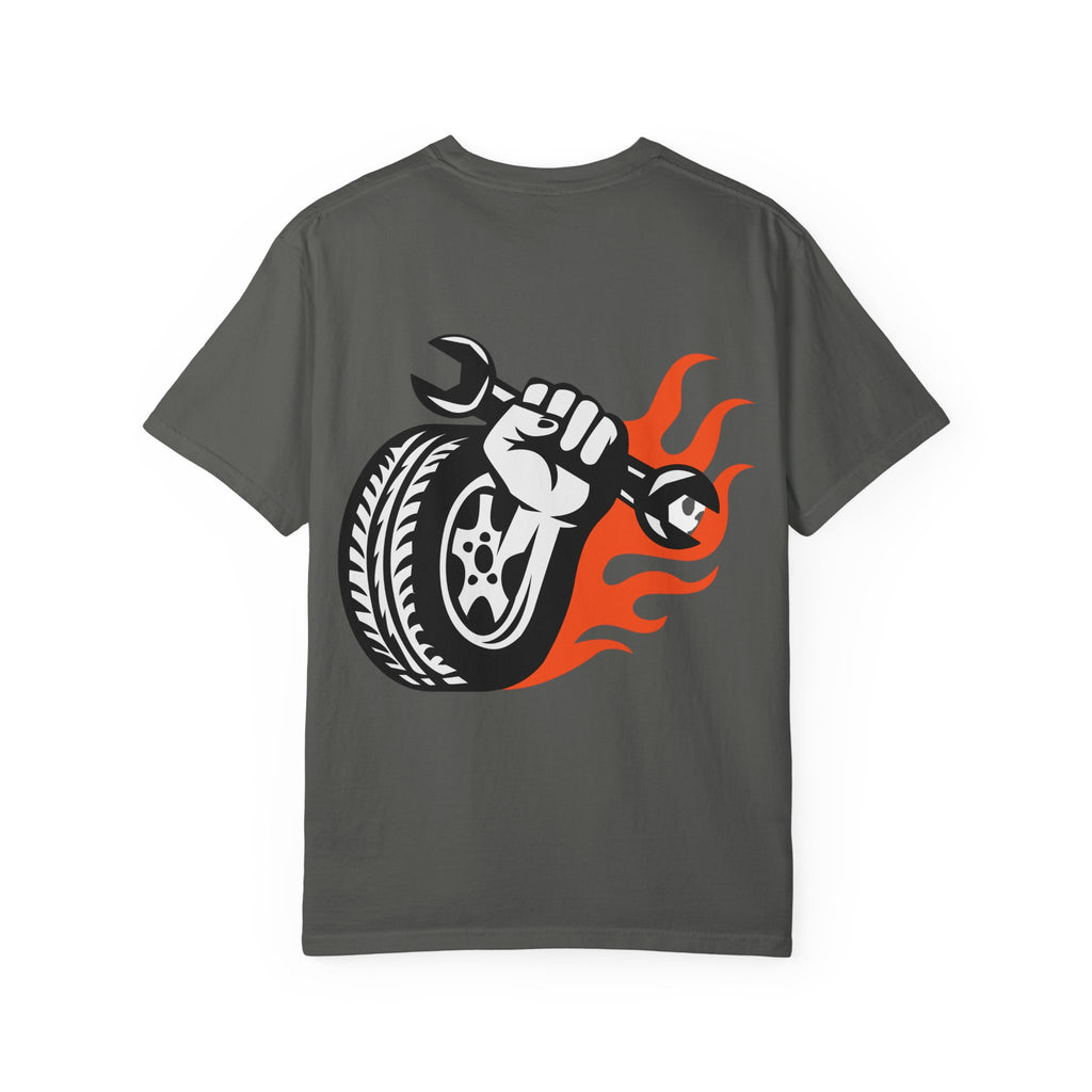 Mechanic Flame Tire T‑Shirt — Wrench & Wheel Auto Repair Tee