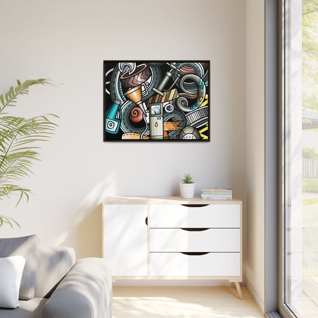 Framed Automotive Doodle Matte Canvas Print — Garage Wall Art