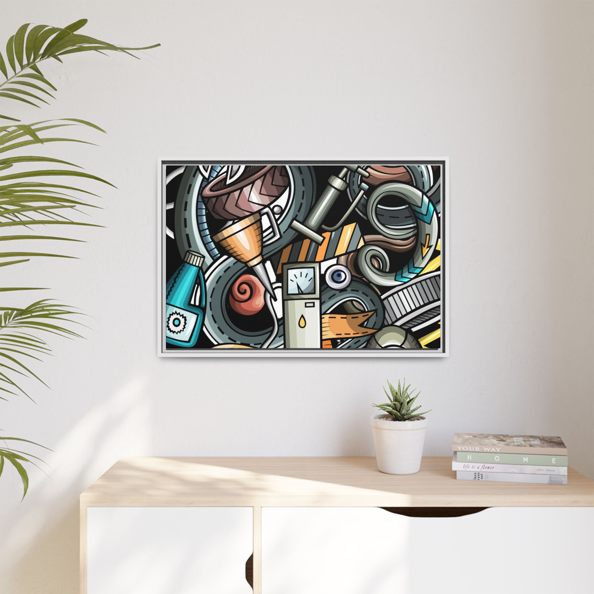 Framed Automotive Doodle Matte Canvas Print — Garage Wall Art