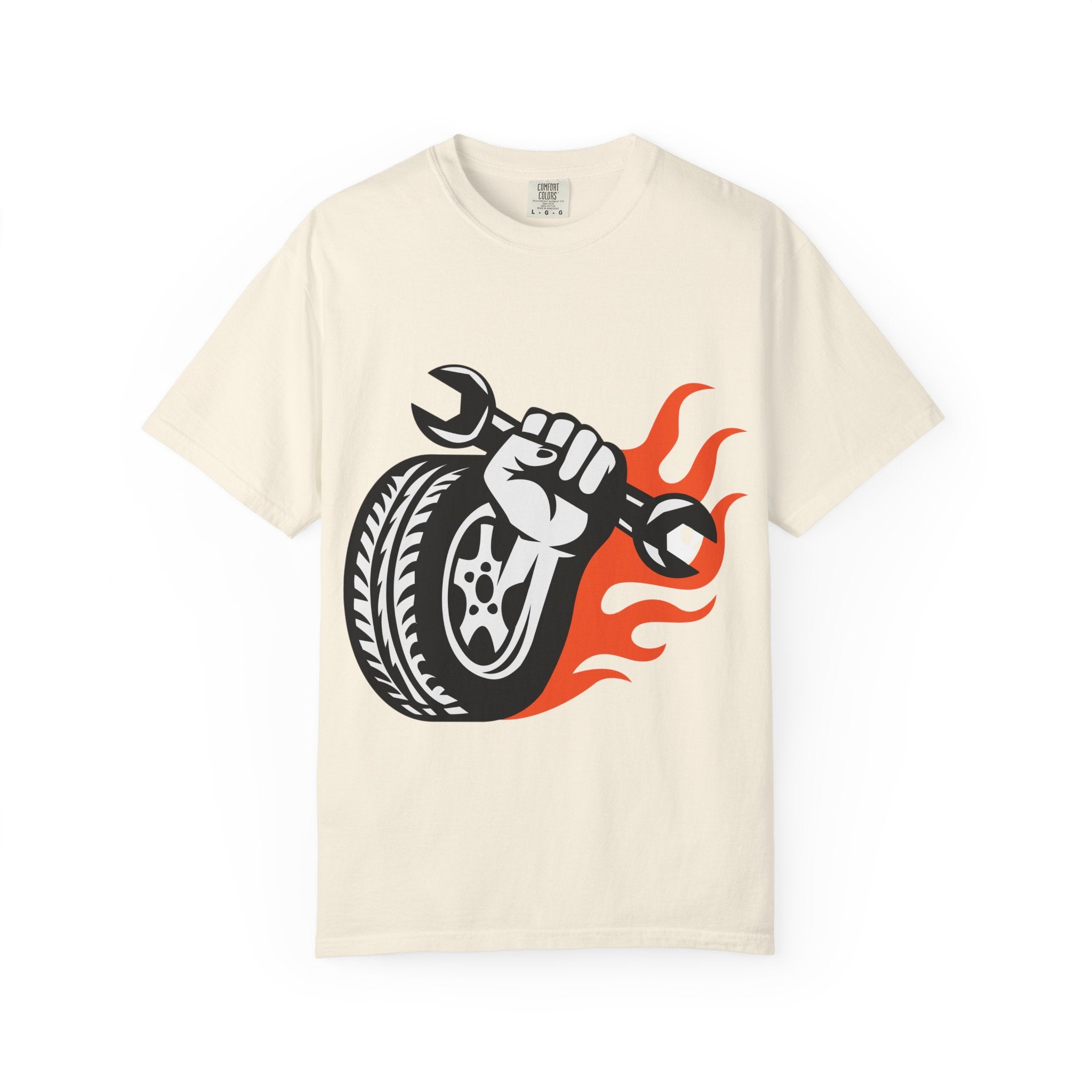 Mechanic Flame Tire T‑Shirt — Wrench & Wheel Auto Repair Tee