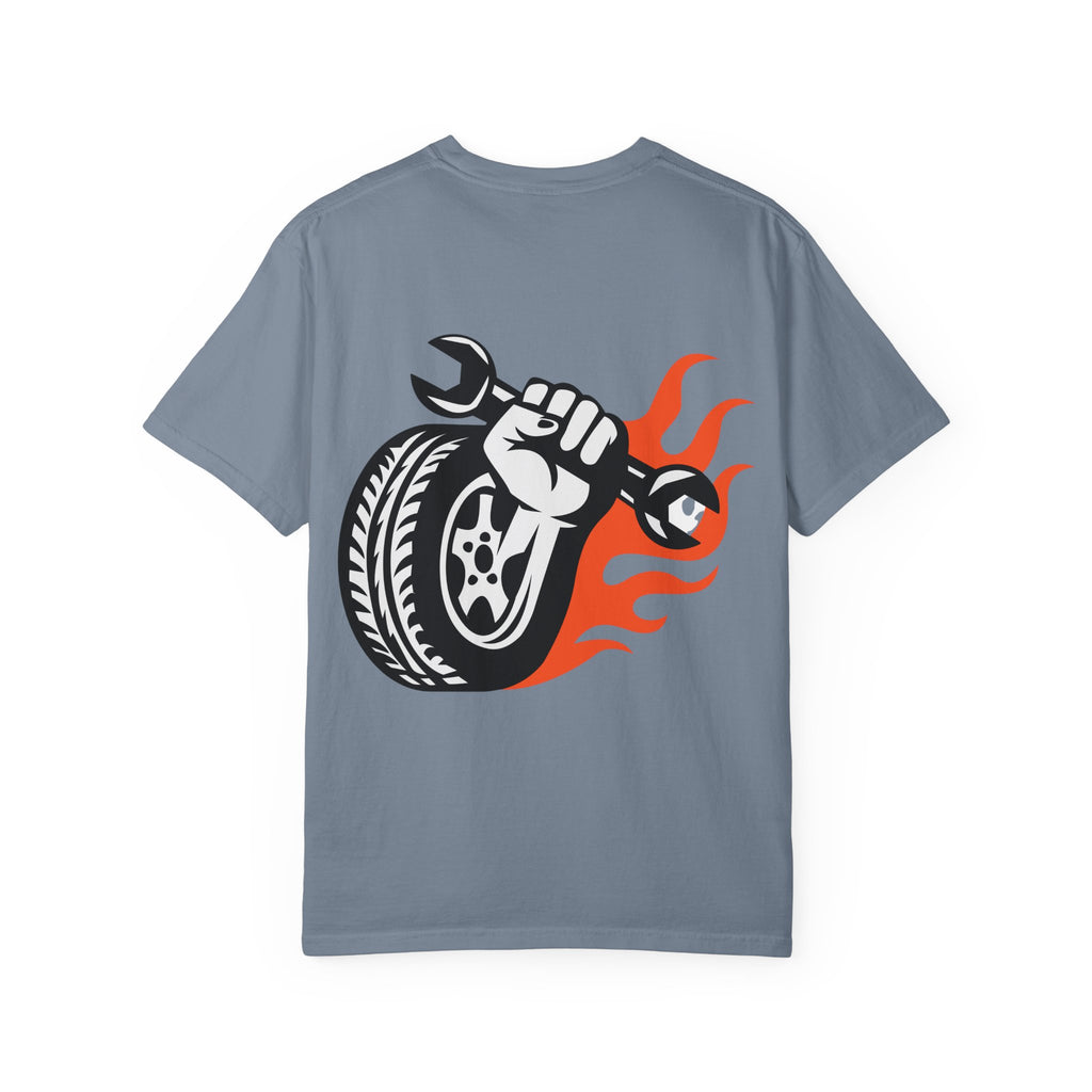Mechanic Flame Tire T‑Shirt — Wrench & Wheel Auto Repair Tee