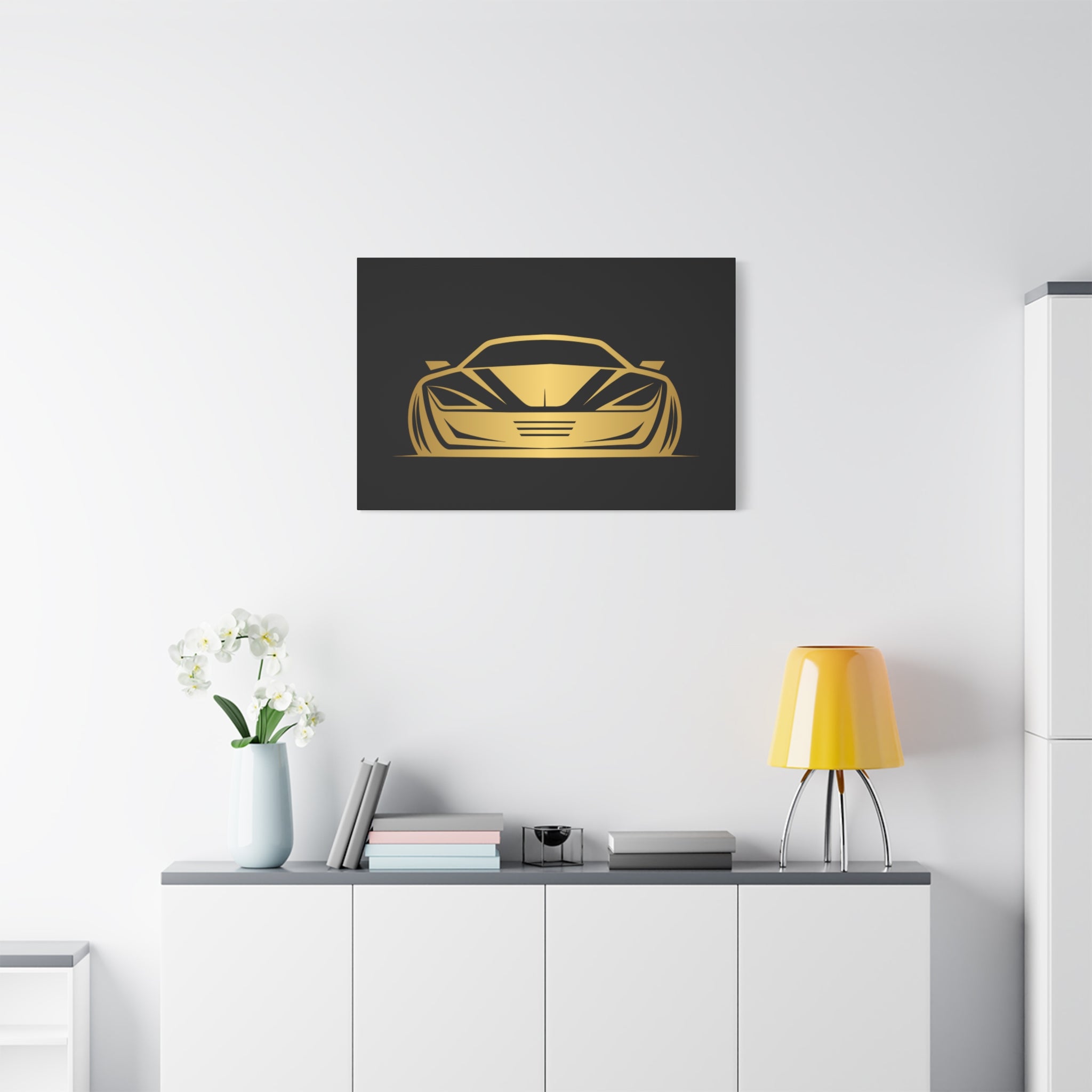 Golden Sports Car Canvas Print — Modern Automotive Wall Art