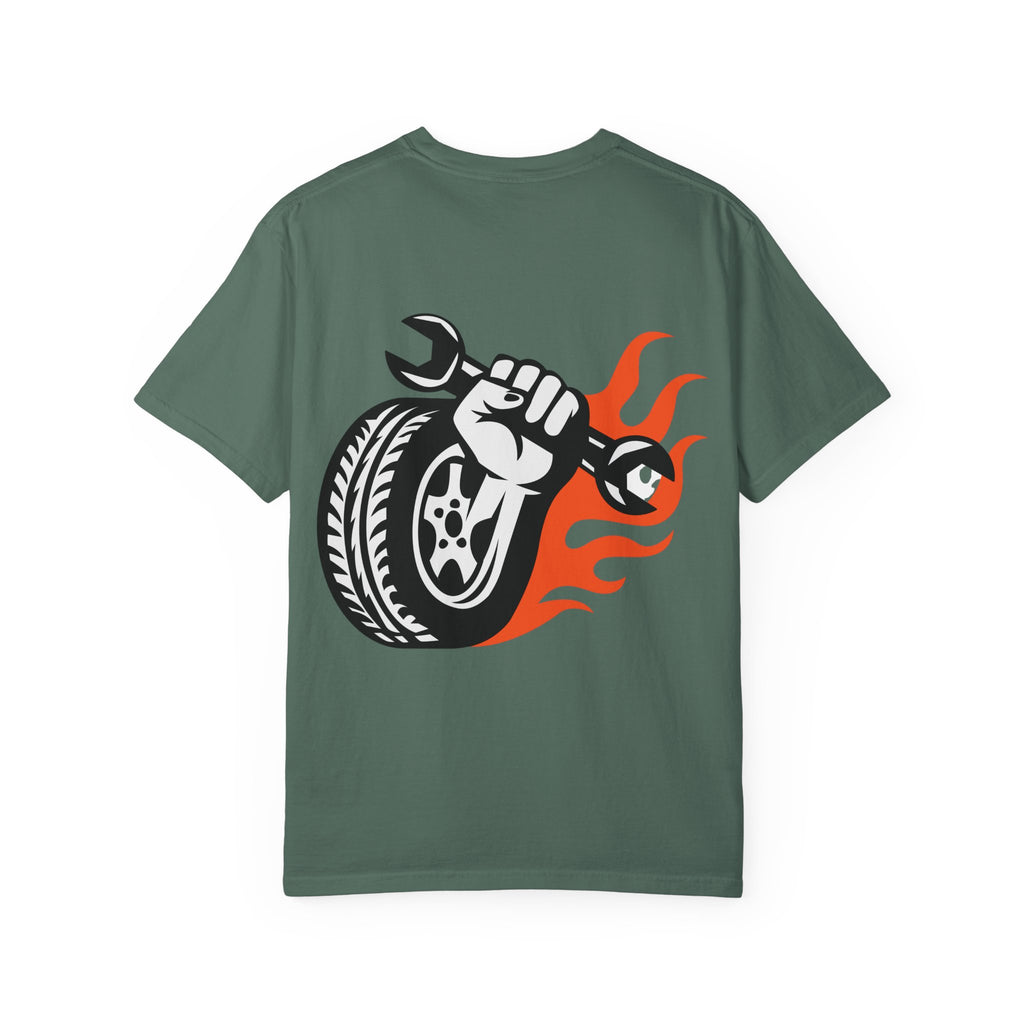 Mechanic Flame Tire T‑Shirt — Wrench & Wheel Auto Repair Tee
