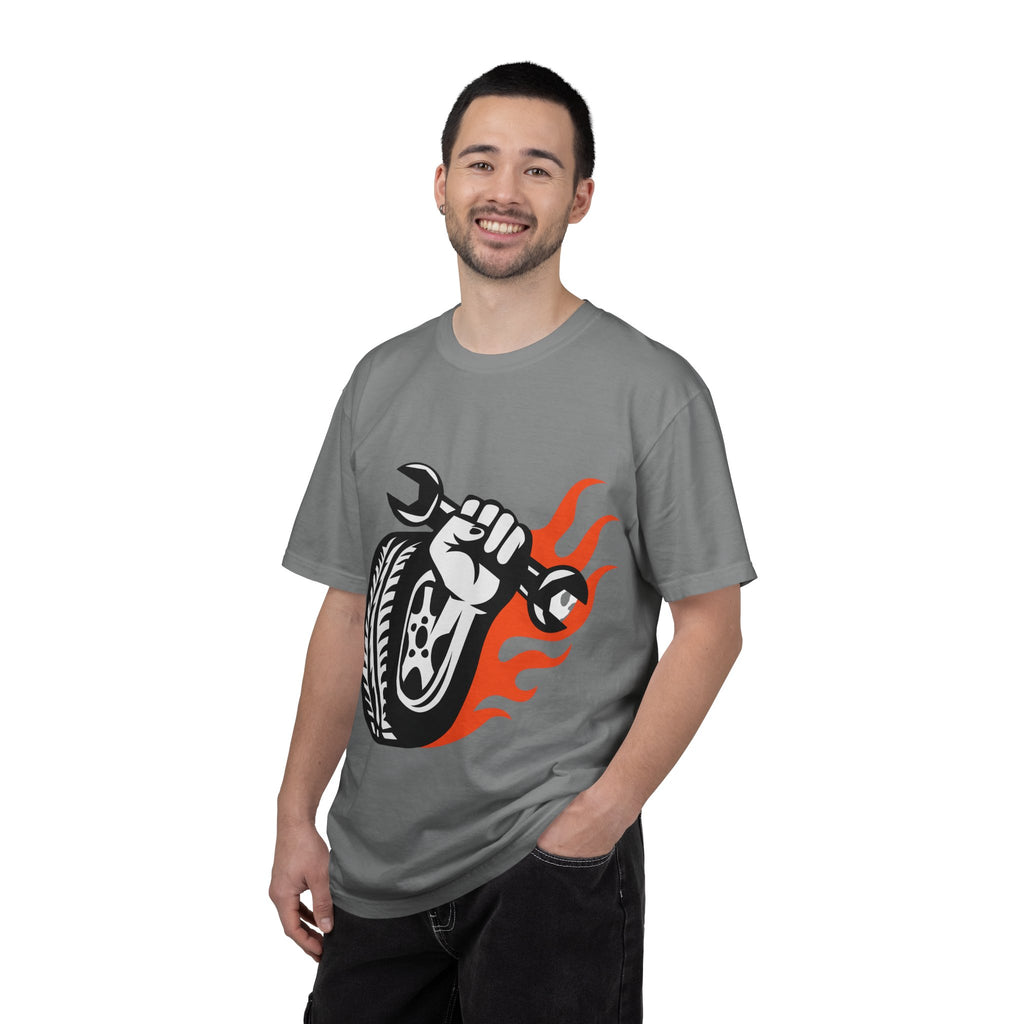 Mechanic Flame Tire T‑Shirt — Wrench & Wheel Auto Repair Tee