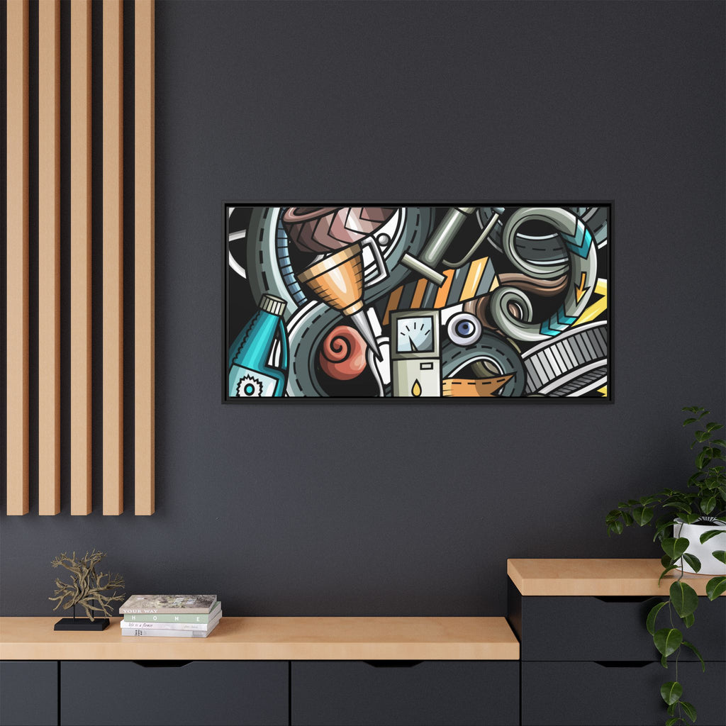 Framed Automotive Doodle Matte Canvas Print — Garage Wall Art
