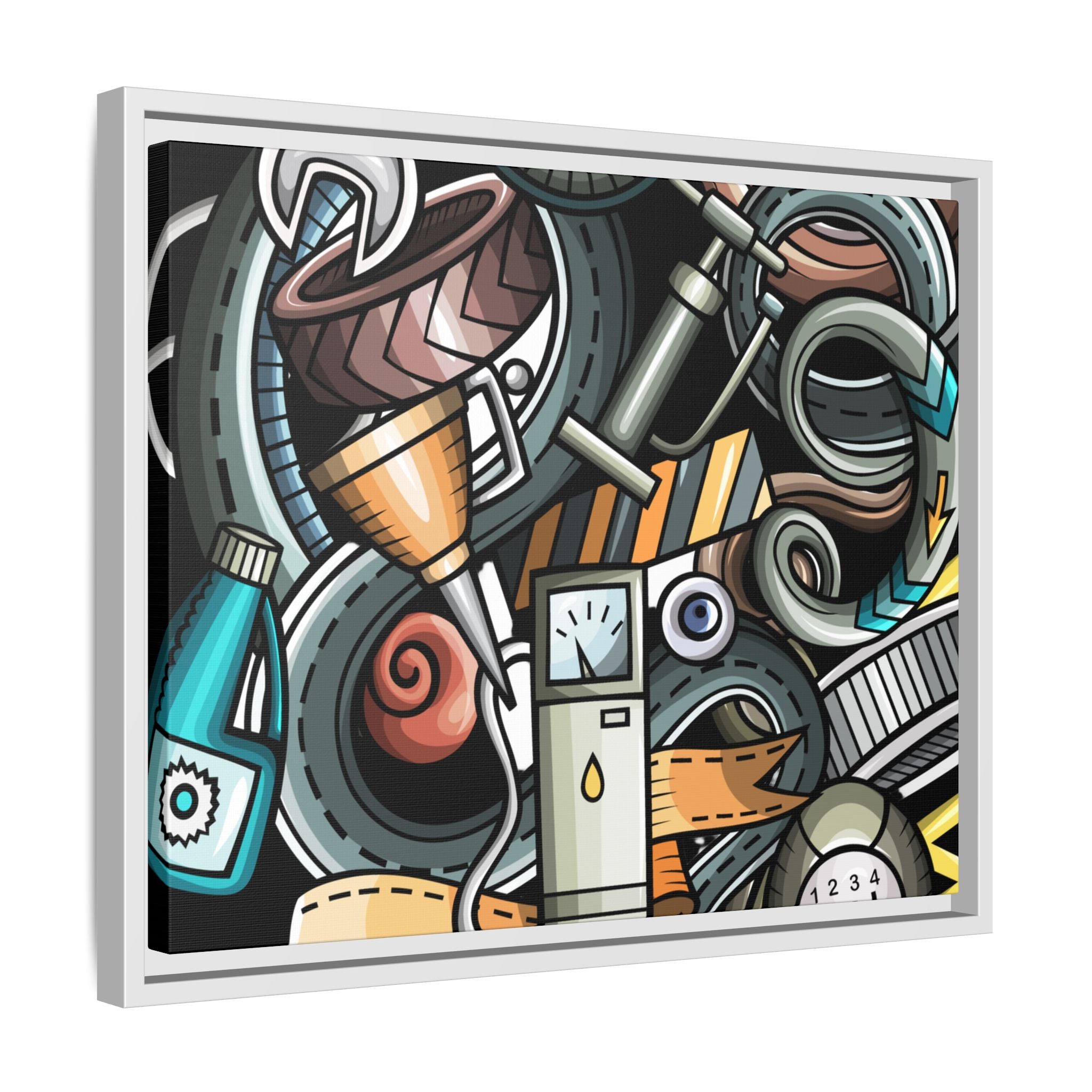 Framed Automotive Doodle Matte Canvas Print — Garage Wall Art