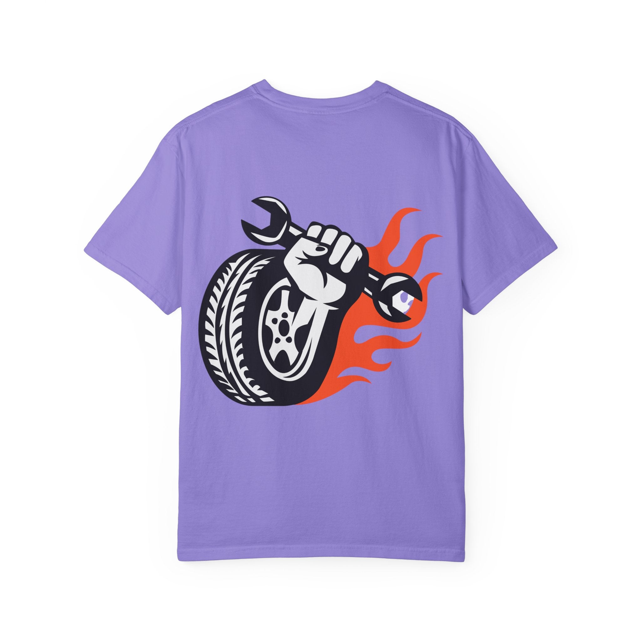 Mechanic Flame Tire T‑Shirt — Wrench & Wheel Auto Repair Tee