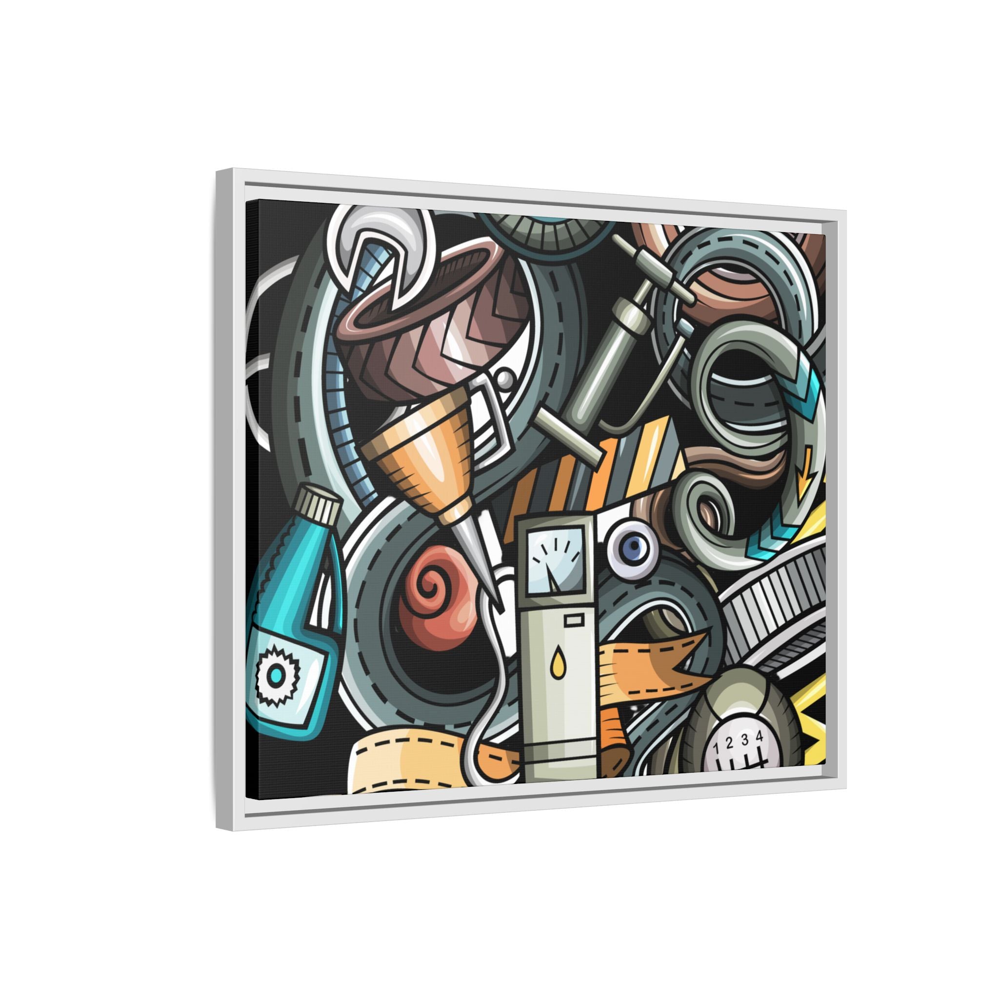 Framed Automotive Doodle Matte Canvas Print — Garage Wall Art